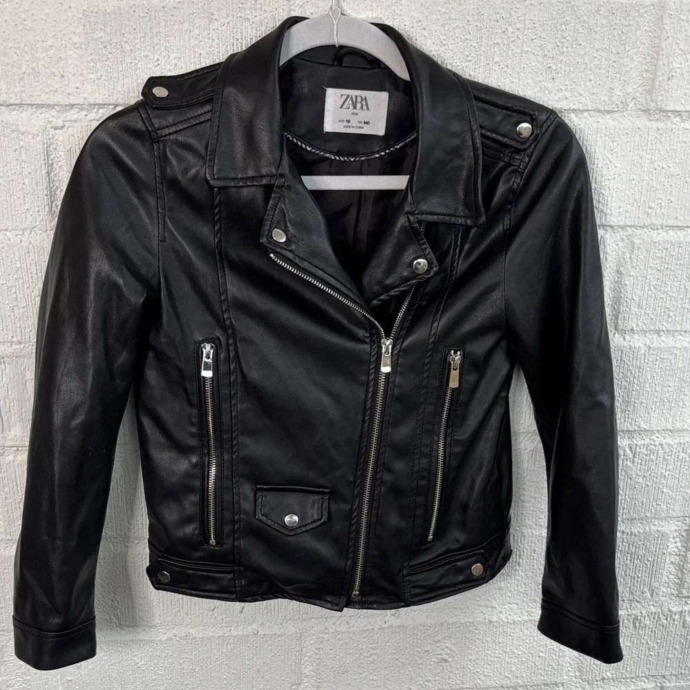 Zara Faux Leather Girls Sleek Black Biker Moto Jacket sz 10
